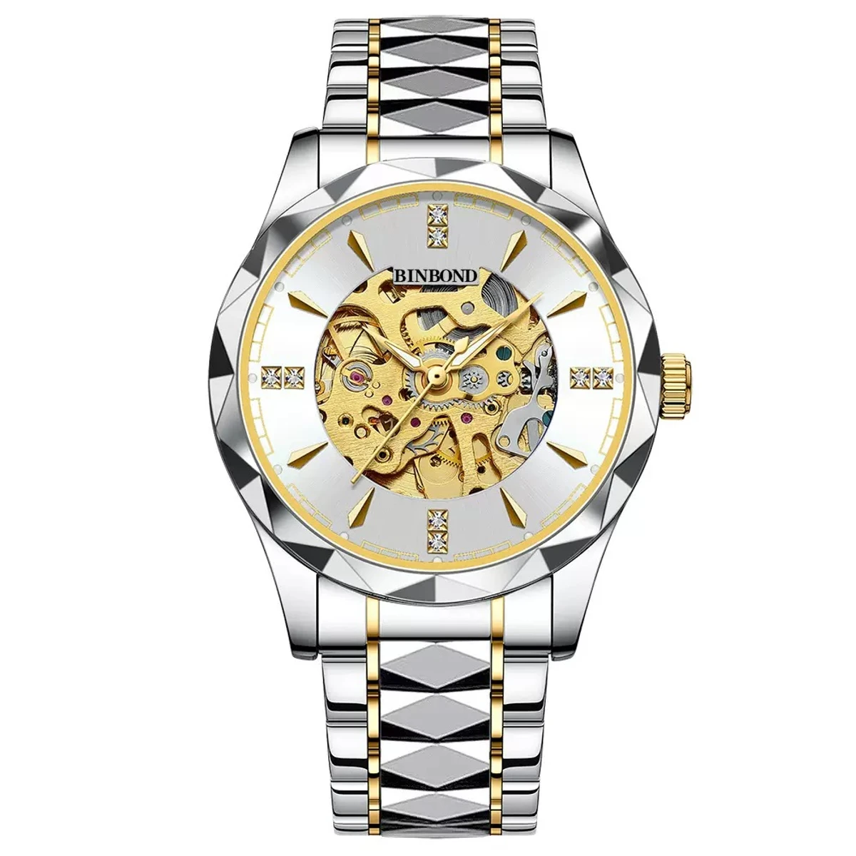 New Binbond J5059 Luxury Watch For Men Stainless Steel Waterproof Business Sport Wristwatches- Silver & Golden